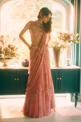 Reverie salmon pink sari set