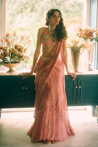 Reverie salmon pink sari set