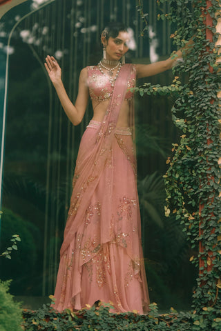 Reverie salmon pink sari set
