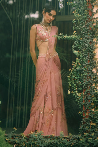 Reverie salmon pink sari set