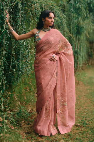 Rosy salmon pink sari set