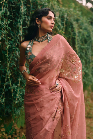 Rosy salmon pink sari set