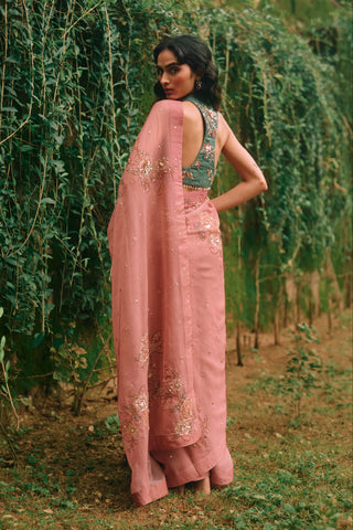 Rosy salmon pink sari set