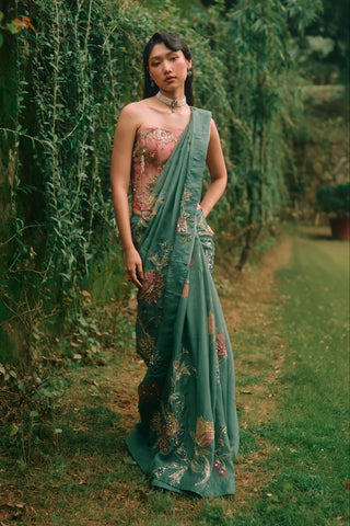 Rosy forest green sari set
