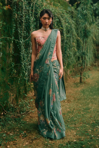 Rosy forest green sari set