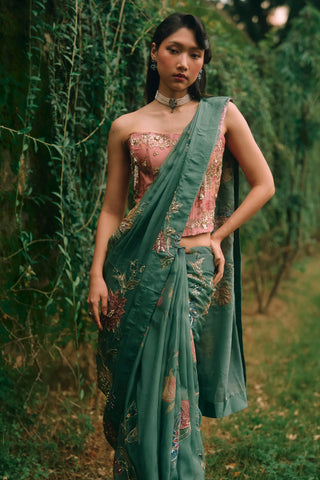 Rosy forest green sari set