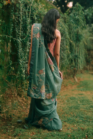Rosy forest green sari set