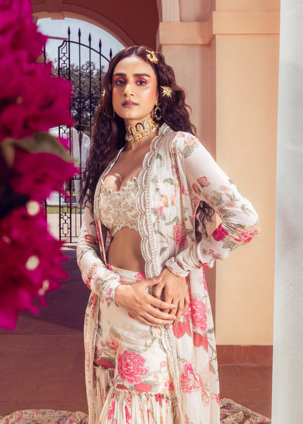 Buy Multi Color Organza Printed Jacket And Chanderi Sharara Set For Women  by Itrh Online at Aza Fashions. | Sharara designs, Fashion, Indian designer  outfits