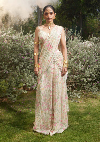 Paulmi & Harsh-Ivory Floral Pre-Stitched Sari And Blouse-INDIASPOPUP.COM