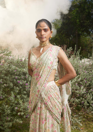 Paulmi & Harsh-Ivory Floral Pre-Stitched Sari And Blouse-INDIASPOPUP.COM