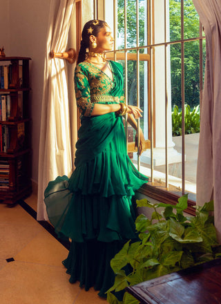 Paulmi & Harsh-Emerald Green Organza Sari Set-INDIASPOPUP.COM