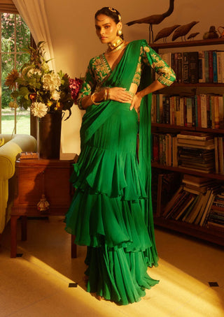 Paulmi & Harsh-Emerald Green Organza Sari Set-INDIASPOPUP.COM