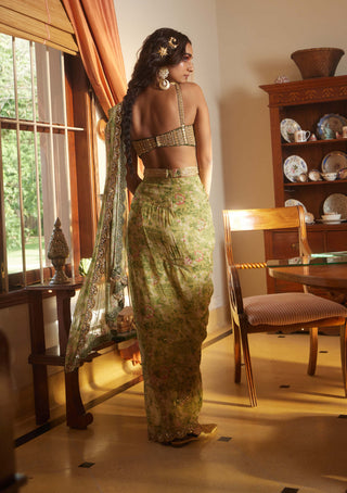 Paulmi & Harsh-Sage Green Printed Sari Set-INDIASPOPUP.COM