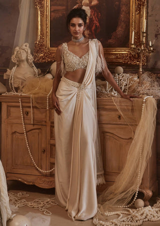 Perseus Ivory Drape Sari And Blouse by Roqa, available on Indiaspopup.com