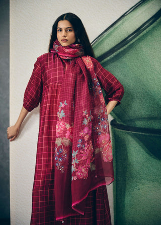 Burgundy noka kurta with pants and scarf