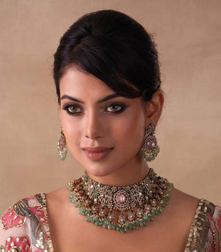 Chitrali red and green polki necklace set