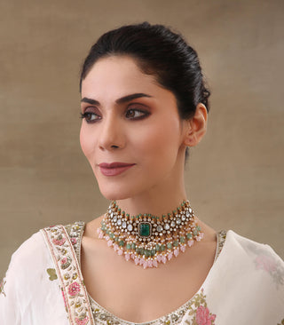 Yasi Green And Pink Polki Choker Set by Preeti Mohan available on Indiaspopup.com