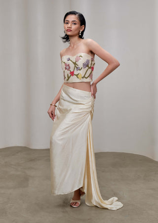 Butter cream cascade draped skirt and corset