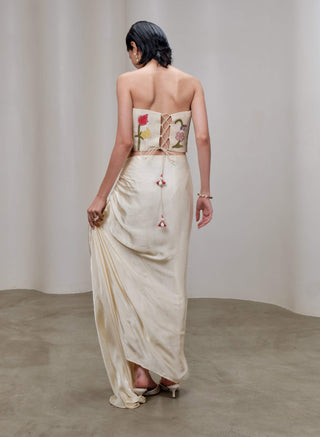 Butter cream cascade draped skirt and corset