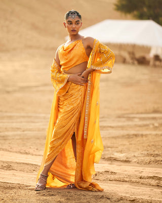 Punit Balana Mustard Draped Skirt And Cowl Handkerchief Top Set available on indiaspopup