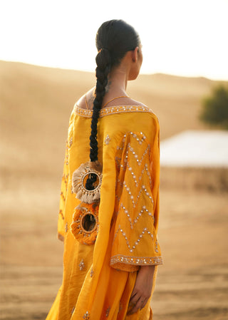 Mustard draped skirt and cowl handkerchief top set