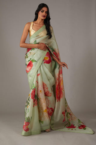 Rohit Bal-Mint Green Organza Sari And Unstitched Blouse-INDIASPOPUP.COM