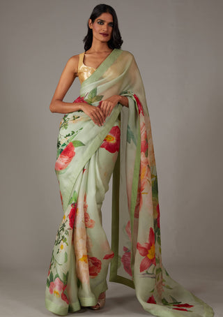 Rohit Bal-Mint Green Organza Sari And Unstitched Blouse-INDIASPOPUP.COM