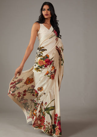 Rohit Bal-Ivory Chanderi Silk Sari And Unstitched Blouse-INDIASPOPUP.COM