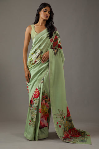 Rohit Bal-Mint Green Silk Chanderi Sari And Unstitched Blouse-INDIASPOPUP.COM