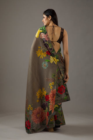Rohit Bal-Pewter Green Chanderi Sari And Unstitched Blouse-INDIASPOPUP.COM