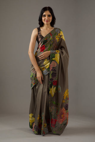 Rohit Bal-Pewter Green Chanderi Sari And Unstitched Blouse-INDIASPOPUP.COM