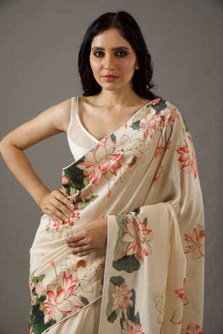 Rohit Bal-Ivory Chanderi Sari And Unstitched Blouse-INDIASPOPUP.COM