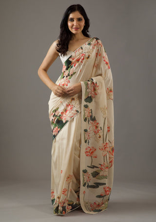 Rohit Bal-Ivory Chanderi Sari And Unstitched Blouse-INDIASPOPUP.COM