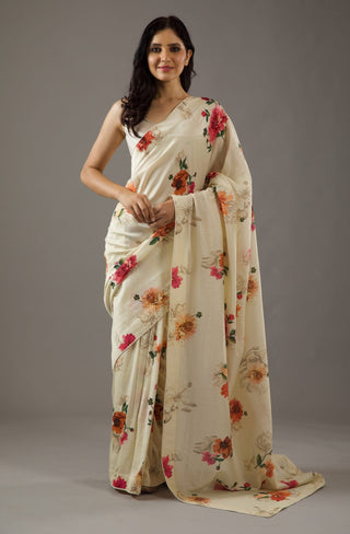 Rohit Bal-Ivory Floral Chanderi Sari And Unstitched Blouse-INDIASPOPUP.COM