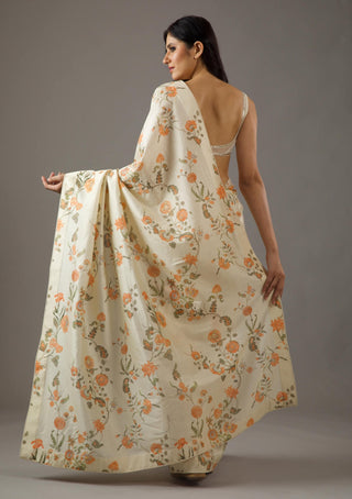 Rohit Bal-Ivory Floral Printed Chanderi Sari And Unstitched Blouse-INDIASPOPUP.COM