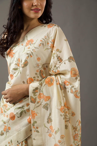 Rohit Bal-Ivory Floral Printed Chanderi Sari And Unstitched Blouse-INDIASPOPUP.COM