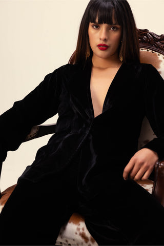 Reena Sharma-Black Silk Velvet Jacket And Pant-INDIASPOPUP.COM