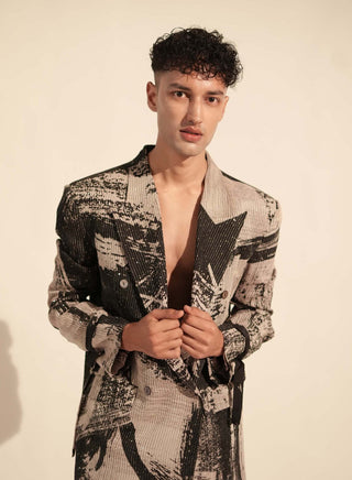 Nikita Mhaisalkar Men-Black White Stroke Print Pantsuit Set-INDIASPOPUP.COM