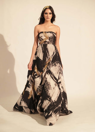 Nikita Mhaisalkar-Black White Stroke Print Ballgown-INDIASPOPUP.COM