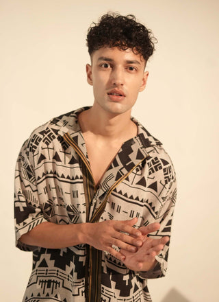 Nikita Mhaisalkar Men-Black & White Aztec Shirt And Shorts-INDIASPOPUP.COM