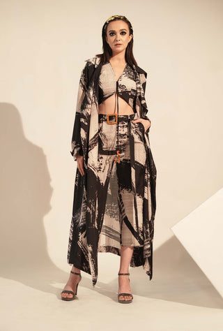 Nikita Mhaisalkar-Black White Stroke Print Pant With Belt-INDIASPOPUP.COM