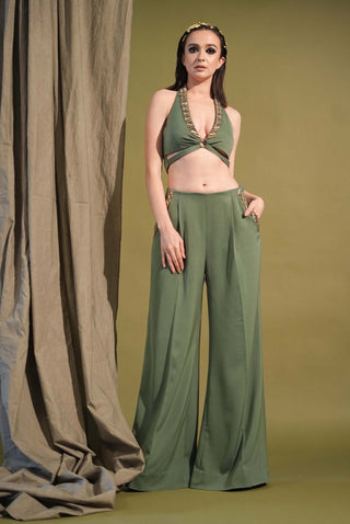Nikita Mhaisalkar-Dark Jade Metallic Crop Top And Pants-INDIASPOPUP.COM