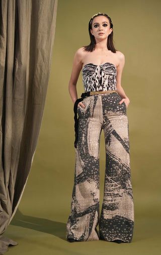 Nikita Mhaisalkar-Black & White Stroke Print Broad Pants-INDIASPOPUP.COM