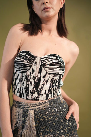 Nikita Mhaisalkar-Black & White Stroke Print Corset-INDIASPOPUP.COM