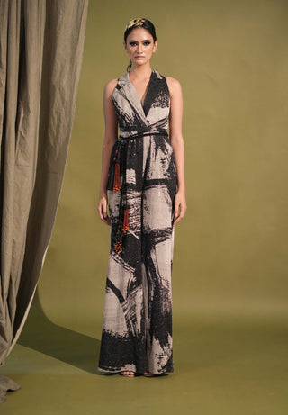 Nikita Mhaisalkar-Black & White Stroke Print Jumpsuit Sari-INDIASPOPUP.COM