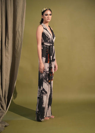 Nikita Mhaisalkar-Black & White Stroke Print Jumpsuit Sari-INDIASPOPUP.COM