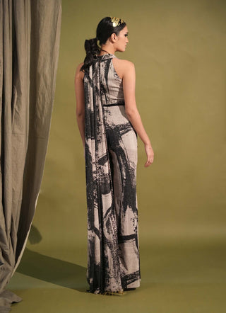 Nikita Mhaisalkar-Black & White Stroke Print Jumpsuit Sari-INDIASPOPUP.COM