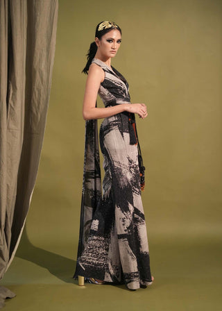 Nikita Mhaisalkar-Black & White Stroke Print Jumpsuit Sari-INDIASPOPUP.COM