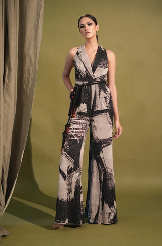 Nikita Mhaisalkar-Black & White Stroke Print Jumpsuit Sari-INDIASPOPUP.COM