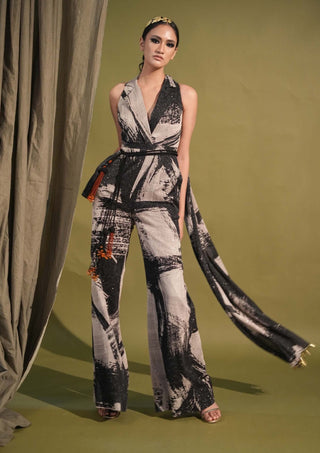 Nikita Mhaisalkar-Black & White Stroke Print Jumpsuit Sari-INDIASPOPUP.COM